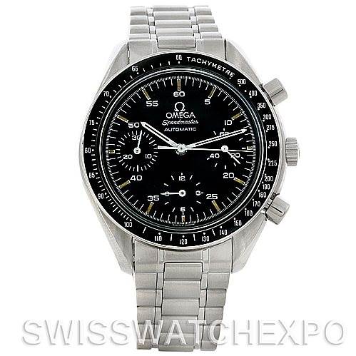 This Omega Speedmaster 3510.50.00 Men
s Stainless Steel Black Dial 3510.50.00 Men
s Stainless Steel Black Dial watch is shown from a front angle, displaying its black dial, tachymeter bezel, and stainless steel bracelet.