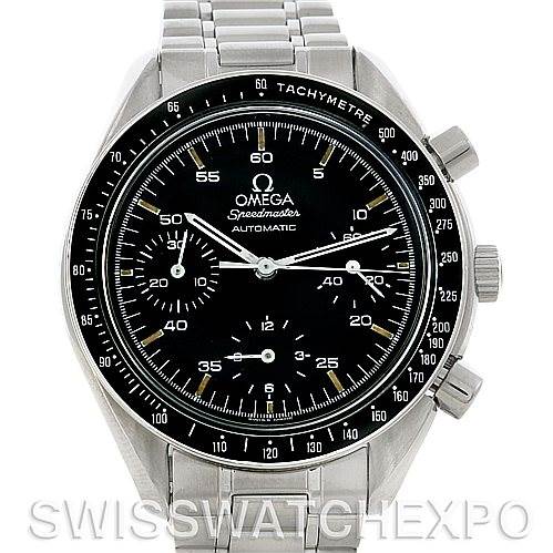 This image shows a frontal view of an Omega Speedmaster 3510.50.00 Men
s Stainless Steel Black Dial 3510.50.00 Men
s Stainless Steel Black Dial watch, highlighting the black dial, tachymeter bezel, and stainless steel bracelet.