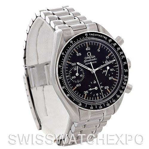 The image shows an Omega Speedmaster 3510.50.00 Men
s Stainless Steel Black Dial 3510.50.00 Men
s Stainless Steel Black Dial watch at an angle highlighting its face, tachymeter bezel, casing, and bracelet.