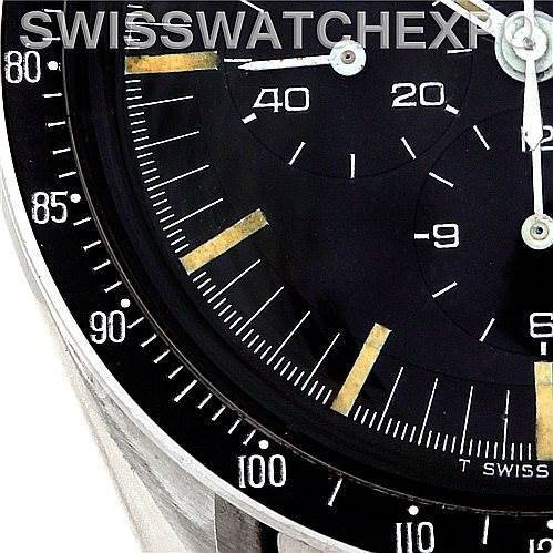 Close-up of the Omega Speedmaster 145.012 Men's Stainless Steel Black Dial 145.012 Men's Stainless Steel Black Dial watch face, showing the black bezel, minute markers, and part of the chronograph sub-dials.