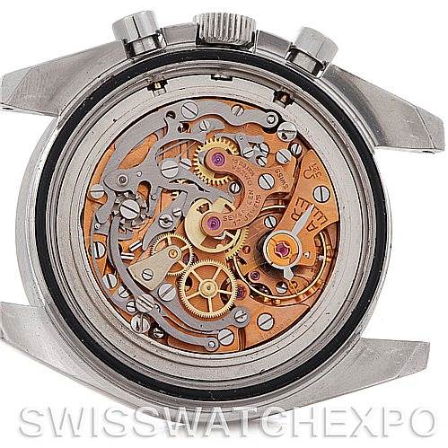 This image shows the inner mechanical components of an Omega Speedmaster 145.012 Men's Stainless Steel Black Dial 145.012 Men's Stainless Steel Black Dial watch from a rear, case-back removed angle.