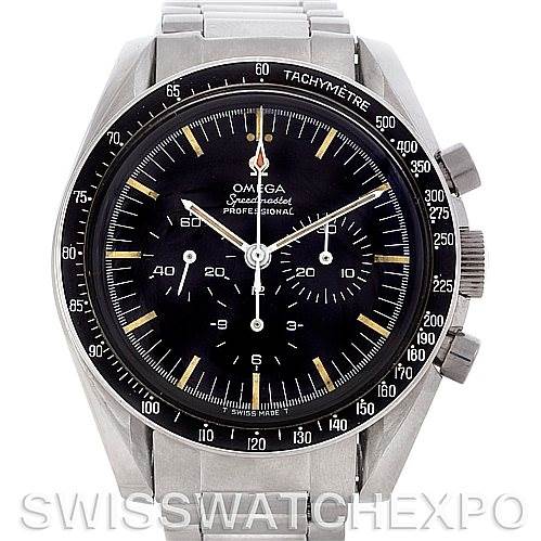 This image shows the front view of the Omega Speedmaster 145.012 Men's Stainless Steel Black Dial 145.012 Men's Stainless Steel Black Dial watch, displaying the dial, bezel, and stainless steel bracelet.