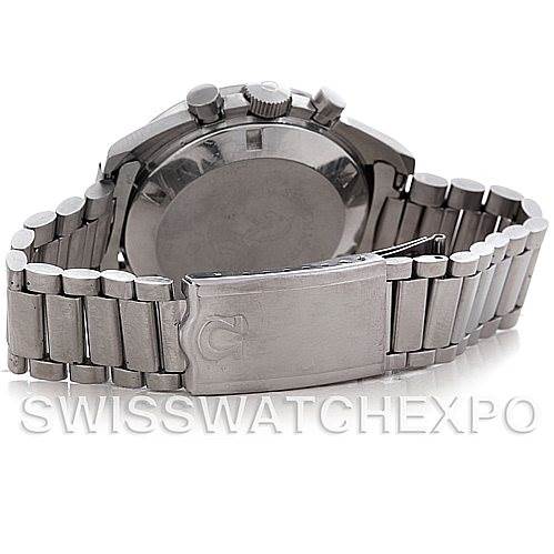 The image shows the back case, crown, pushers, and metal bracelet of an Omega Speedmaster 145.012 Men's Stainless Steel Black Dial 145.012 Men's Stainless Steel Black Dial watch.