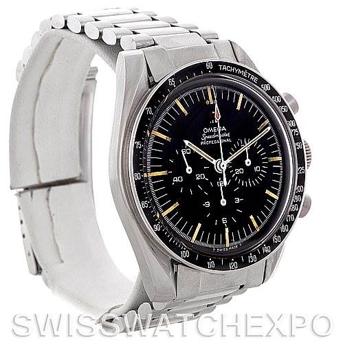 This image shows an Omega Speedmaster 145.012 Men's Stainless Steel Black Dial 145.012 Men's Stainless Steel Black Dial watch at a slight angle, highlighting its face, bezel, and metal bracelet.