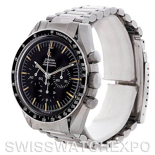 This image shows an Omega Speedmaster 145.012 Men's Stainless Steel Black Dial 145.012 Men's Stainless Steel Black Dial watch at a three-quarter angle, displaying its face, crown, buttons, and metal bracelet.