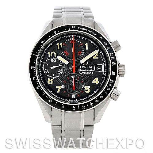 The image shows a front view of an Omega Speedmaster 3513.53.00 Men
s Stainless Steel Black Dial 3513.53.00 Men
s Stainless Steel Black Dial watch, highlighting the dial and tachymeter bezel.