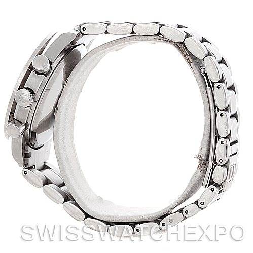 The image shows a side view of an Omega Speedmaster 3513.53.00 Men
s Stainless Steel Black Dial 3513.53.00 Men
s Stainless Steel Black Dial watch highlighting the case, crown, pushers, and bracelet.