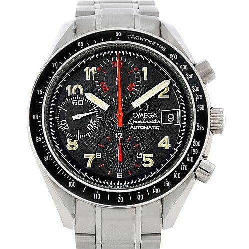 The image shows a front view of an Omega Speedmaster 3513.53.00 Men
s Stainless Steel Black Dial 3513.53.00 Men
s Stainless Steel Black Dial watch, displaying the dial, hands, chronograph subdials, and tachymeter bezel.