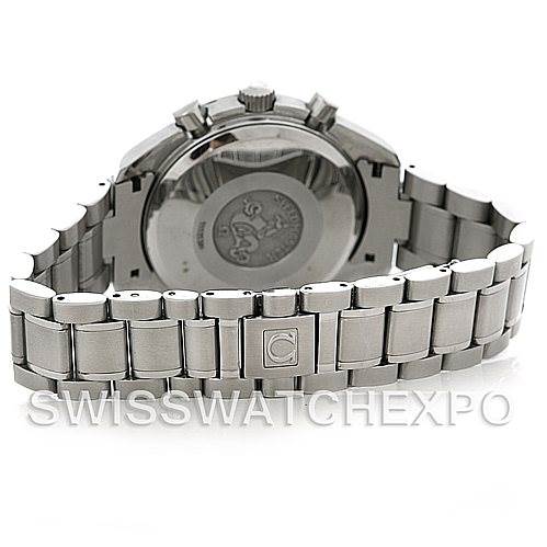 This image shows the back view of an Omega Speedmaster 3513.53.00 Men
s Stainless Steel Black Dial 3513.53.00 Men
s Stainless Steel Black Dial watch, highlighting its case back and metal bracelet.