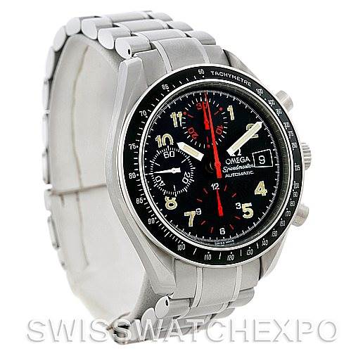 This image shows an Omega Speedmaster 3513.53.00 Men
s Stainless Steel Black Dial 3513.53.00 Men
s Stainless Steel Black Dial watch at a three-quarter angle, highlighting the dial, bezel, and bracelet.