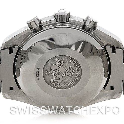 This image shows the back case and crown of an Omega Speedmaster 3513.53.00 Men
s Stainless Steel Black Dial 3513.53.00 Men
s Stainless Steel Black Dial watch from a rear angle.