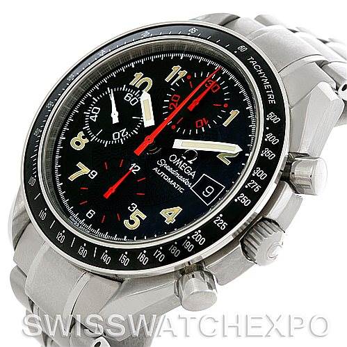 The Omega Speedmaster 3513.53.00 Men
s Stainless Steel Black Dial 3513.53.00 Men
s Stainless Steel Black Dial watch is shown at an oblique angle highlighting the face, bezel, and part of the bracelet.