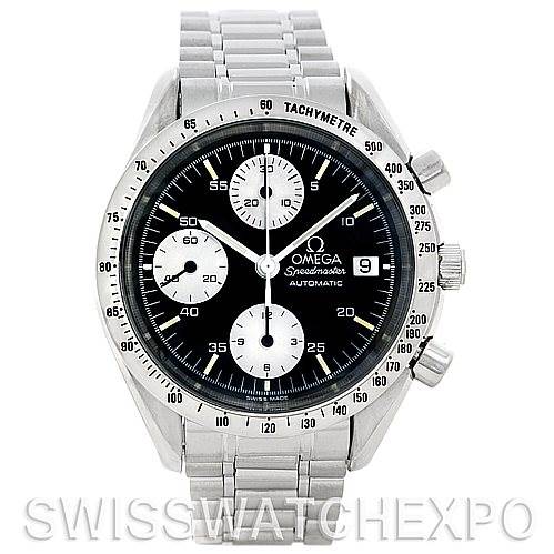 The image shows a front view of the Omega Speedmaster 3511.50.00 Men
s Stainless Steel Black Dial 3511.50.00 Men
s Stainless Steel Black Dial watch, highlighting its face, chronograph sub-dials, date window, and metal bracelet.