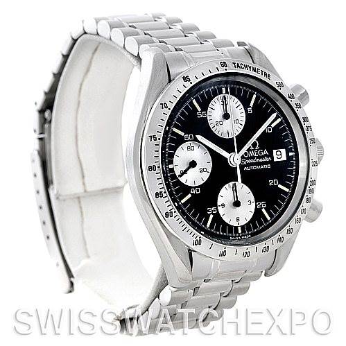 The Omega Speedmaster 3511.50.00 Men
s Stainless Steel Black Dial 3511.50.00 Men
s Stainless Steel Black Dial watch is shown from a three-quarter angle focusing on the face, bracelet, and side profile.