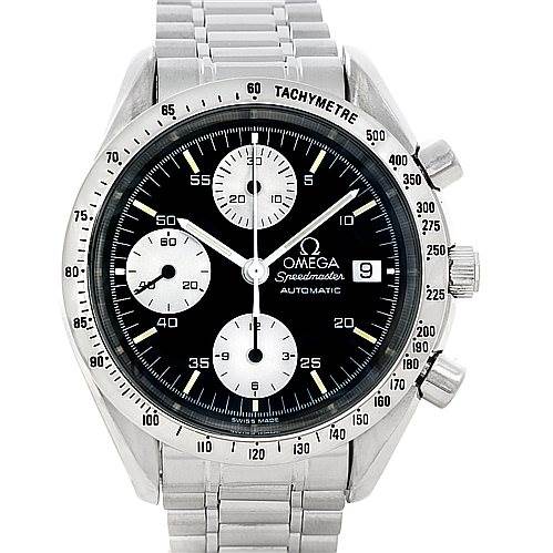 The Omega Speedmaster 3511.50.00 Men
s Stainless Steel Black Dial 3511.50.00 Men
s Stainless Steel Black Dial watch is shown from a front angle, displaying the dial, bracelet, and tachymeter bezel.