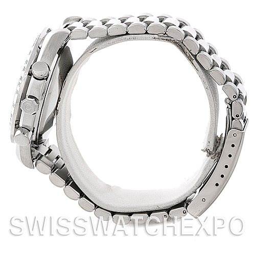 The image shows a side view of the Omega Speedmaster 3511.50.00 Men
s Stainless Steel Black Dial 3511.50.00 Men
s Stainless Steel Black Dial watch, highlighting its bracelet, clasp, and profile view of the case and pushers.