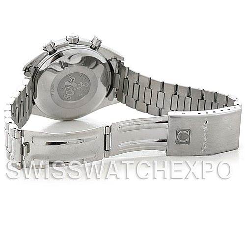 The image shows the back case and bracelet clasp of an Omega Speedmaster 3511.50.00 Men
s Stainless Steel Black Dial 3511.50.00 Men
s Stainless Steel Black Dial watch from a rear angle.