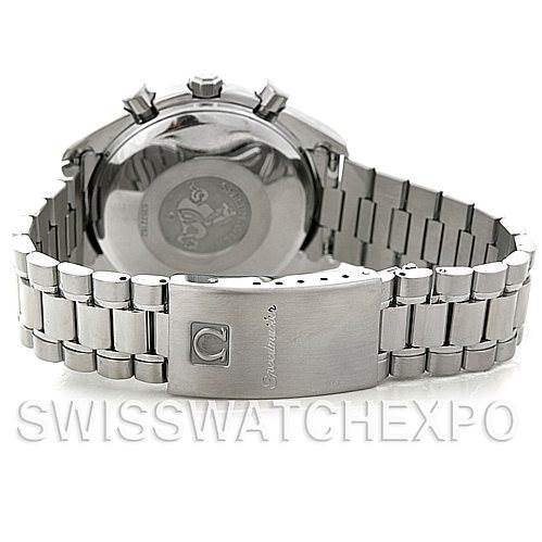 The image shows the back case and metal bracelet of an Omega Speedmaster 3511.50.00 Men
s Stainless Steel Black Dial 3511.50.00 Men
s Stainless Steel Black Dial watch from a rear angle.