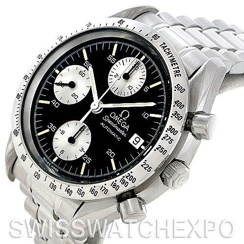 This image shows an angled view of the Omega Speedmaster 3511.50.00 Men
s Stainless Steel Black Dial 3511.50.00 Men
s Stainless Steel Black Dial, highlighting its dial, tachymeter bezel, and stainless steel bracelet.
