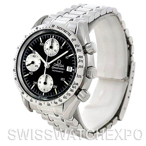 This image shows a stainless steel Omega Speedmaster 3511.50.00 Men
s Stainless Steel Black Dial 3511.50.00 Men
s Stainless Steel Black Dial watch at an angle showcasing its face, bezel, crown, and bracelet.