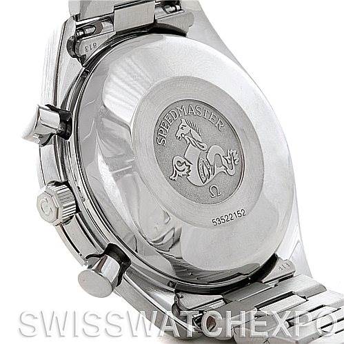 This image shows the case back and side buttons of an Omega Speedmaster 3511.50.00 Men
s Stainless Steel Black Dial 3511.50.00 Men
s Stainless Steel Black Dial watch.