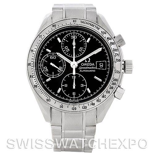 This Omega Speedmaster 3513.50.00 Men
s Stainless Steel Black Dial 3513.50.00 Men
s Stainless Steel Black Dial watch is shown from a front angle, displaying the dial, bezel, crown, and stainless steel bracelet.