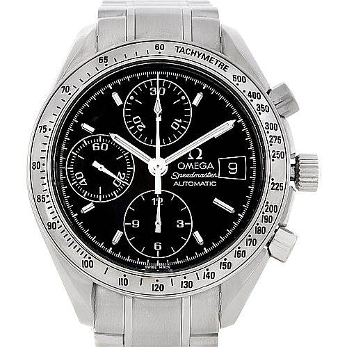 The Omega Speedmaster 3513.50.00 Men
s Stainless Steel Black Dial 3513.50.00 Men
s Stainless Steel Black Dial watch is shown from a frontal angle, displaying the dial, chronograph sub-dials, and date window.