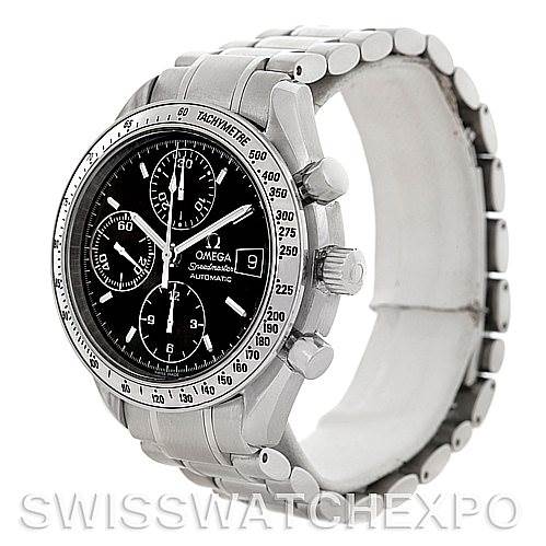 The Omega Speedmaster 3513.50.00 Men
s Stainless Steel Black Dial 3513.50.00 Men
s Stainless Steel Black Dial watch is shown at a three-quarter angle, displaying its face, bezel, side pushers, and part of the bracelet.