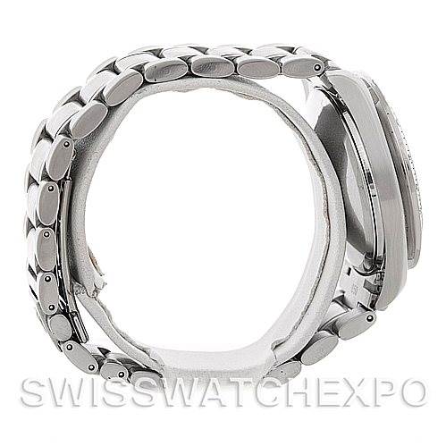 The image shows a side view of an Omega Speedmaster 3513.50.00 Men
s Stainless Steel Black Dial 3513.50.00 Men
s Stainless Steel Black Dial watch with its stainless steel bracelet.