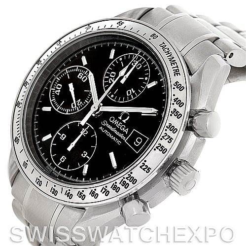 The photo shows a close-up of an Omega Speedmaster 3513.50.00 Men
s Stainless Steel Black Dial 3513.50.00 Men
s Stainless Steel Black Dial watch at a slight angle, highlighting the face, tachymeter bezel, and side buttons.