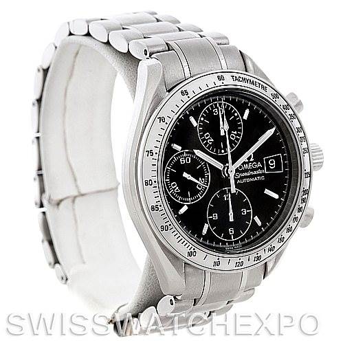 The Omega Speedmaster 3513.50.00 Men
s Stainless Steel Black Dial 3513.50.00 Men
s Stainless Steel Black Dial watch is shown at a three-quarter angle, highlighting the face, bezel, chronograph dials, and metal bracelet.