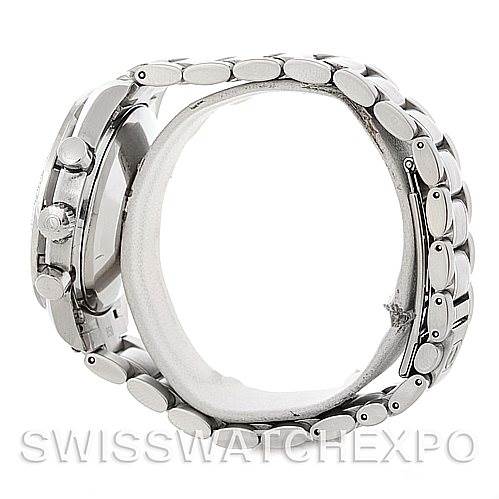 The image shows a side view of an Omega Speedmaster 3513.50.00 Men
s Stainless Steel Black Dial 3513.50.00 Men
s Stainless Steel Black Dial watch, highlighting its metal bracelet and chronograph pushers.