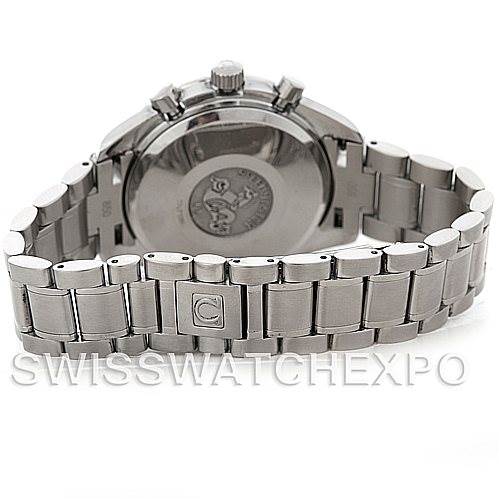 The image shows the Omega Speedmaster 3513.50.00 Men
s Stainless Steel Black Dial 3513.50.00 Men
s Stainless Steel Black Dial watch from a rear angle, highlighting the case back and stainless steel bracelet.