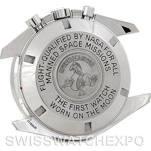 The image shows the case back of an Omega Speedmaster 3570.50.00 Men's Stainless Steel Black Dial 3570.50.00 Men's Stainless Steel Black Dial watch, highlighting the engraved text about NASA qualification and the moon landing.