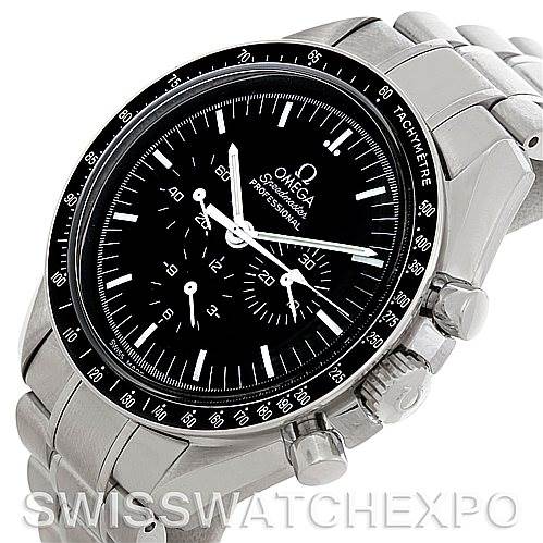 The image shows an angled side view of an Omega Speedmaster 3570.50.00 Men's Stainless Steel Black Dial 3570.50.00 Men's Stainless Steel Black Dial watch, highlighting its dial, bezel, crown, and chronograph pushers.