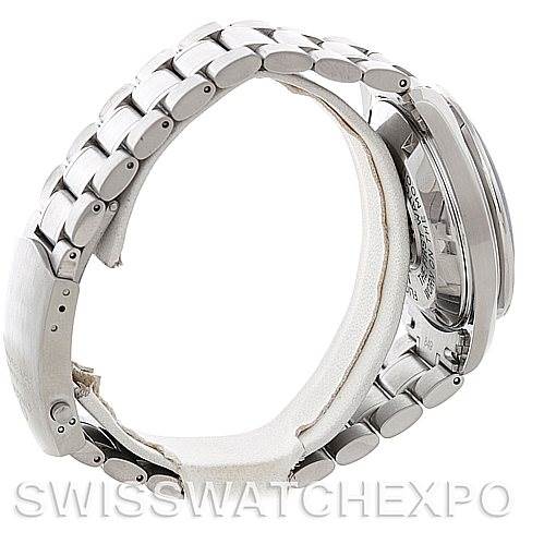 The image shows a side view of the Omega Speedmaster 3570.50.00 Men's Stainless Steel Black Dial 3570.50.00 Men's Stainless Steel Black Dial watch, highlighting the bracelet and case back.