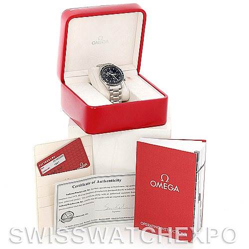 This image shows an Omega Speedmaster 3570.50.00 Men's Stainless Steel Black Dial 3570.50.00 Men's Stainless Steel Black Dial watch in its red box, along with accompanying documents and a certificate of authenticity.