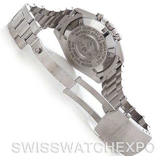 The image shows the open clasp and case back of an Omega Speedmaster 3570.50.00 Men's Stainless Steel Black Dial 3570.50.00 Men's Stainless Steel Black Dial watch, highlighting the engraved details on the back.