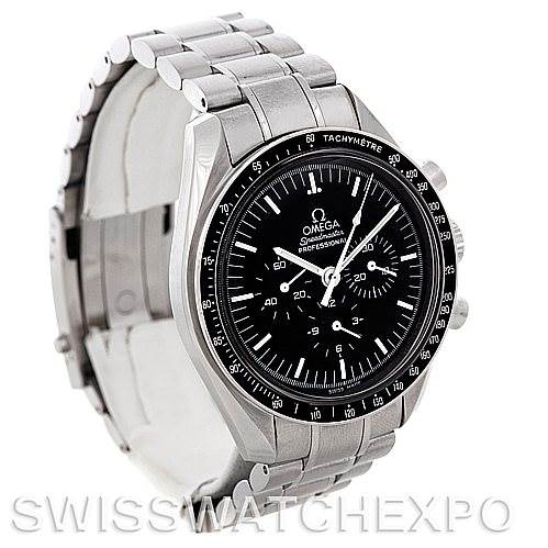 The image shows an Omega Speedmaster 3570.50.00 Men's Stainless Steel Black Dial 3570.50.00 Men's Stainless Steel Black Dial watch at a three-quarter angle, displaying its face, bezel, and bracelet.