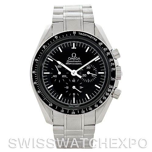 This image shows the front view of the Omega Speedmaster 3570.50.00 Men's Stainless Steel Black Dial 3570.50.00 Men's Stainless Steel Black Dial Professional watch, highlighting its face, bezel, and stainless steel bracelet.