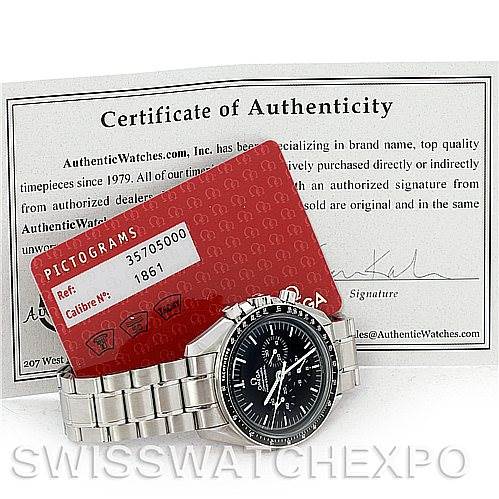 The image shows an Omega Speedmaster 3570.50.00 Men's Stainless Steel Black Dial 3570.50.00 Men's Stainless Steel Black Dial watch, a certificate of authenticity, and a red pictogram card, with the watch at a slight angle.