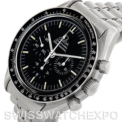 The image shows an Omega Speedmaster Men
s Stainless Steel Black Dial Men
s Stainless Steel Black Dial watch at a slight angle, highlighting its bezel, dial, sub-dials, and stainless steel bracelet.