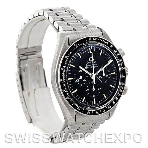 This image shows an Omega Speedmaster Men
s Stainless Steel Black Dial Men
s Stainless Steel Black Dial watch at a three-quarter angle, highlighting its dial, bezel, and metal bracelet.