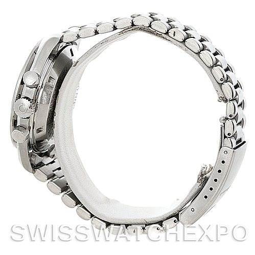 The side view of an Omega Speedmaster Men
s Stainless Steel Black Dial Men
s Stainless Steel Black Dial watch shows the casing and metallic bracelet.