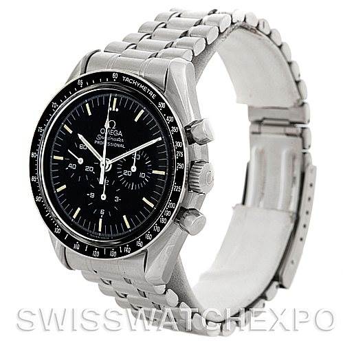This image shows an Omega Speedmaster Men
s Stainless Steel Black Dial Men
s Stainless Steel Black Dial watch from a 3/4 angle, displaying its bracelet, face, and side buttons.