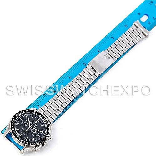 The Omega Speedmaster Men
s Stainless Steel Black Dial Men
s Stainless Steel Black Dial watch is shown from a top view, highlighting its stainless steel bracelet and black dial.