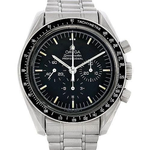 The image shows the Omega Speedmaster Men
s Stainless Steel Black Dial Men
s Stainless Steel Black Dial watch from a front angle, highlighting its dial, bezel, and metal bracelet.