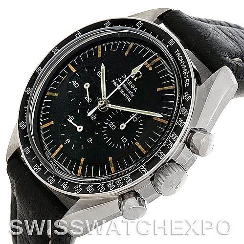 This image shows an angled close-up view of the Omega Speedmaster 105.012 Men's Stainless Steel Black Dial 105.012 Men's Stainless Steel Black Dial watch, highlighting the case, bezel, dial, and pushers.