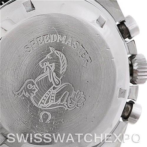 The image shows the backside and side view of the Omega Speedmaster 105.012 Men's Stainless Steel Black Dial 105.012 Men's Stainless Steel Black Dial watch, highlighting the case back engraving and pushers.