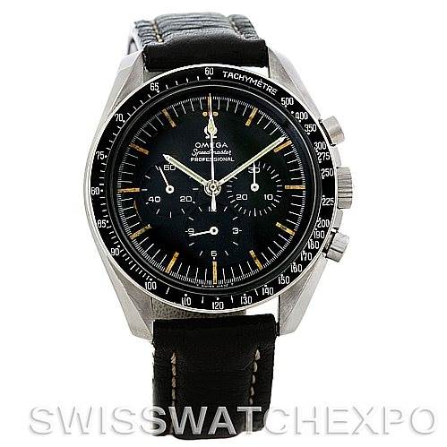The image shows a front view of an Omega Speedmaster 105.012 Men's Stainless Steel Black Dial 105.012 Men's Stainless Steel Black Dial watch, highlighting its black dial, tachymeter bezel, and leather strap.